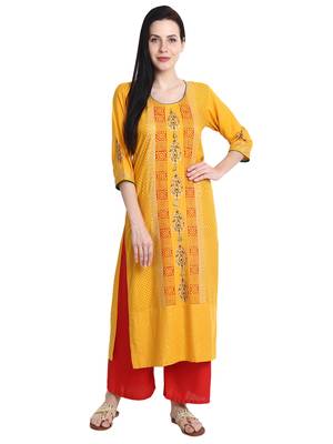Mustard printed viscose rayon kurti 2