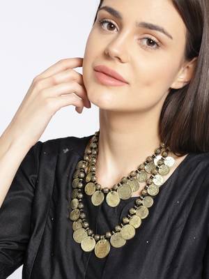 Infuzze Antique Gold-Toned & Black Layered Coin Necklace 1