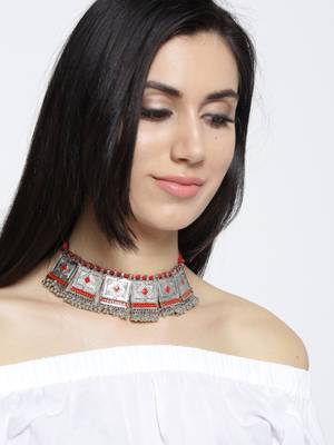 Infuzze Oxidised Silver-Toned & Red Statement Necklace 1