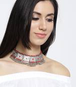 Infuzze Oxidised Silver-Toned & Red Statement Necklace
