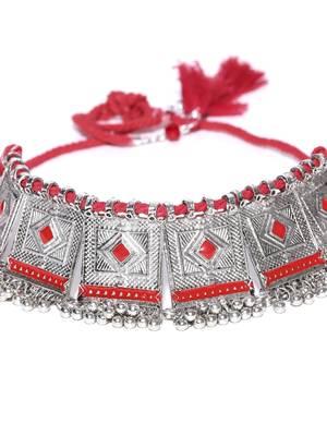 Infuzze Oxidised Silver-Toned & Red Statement Necklace 2