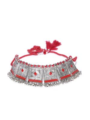 Infuzze Oxidised Silver-Toned & Red Statement Necklace 3