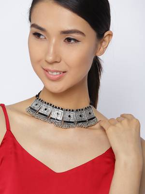 Infuzze Oxidised Silver-Toned & Black Textured Statement Necklace 1