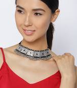 Infuzze Oxidised Silver-Toned & Black Textured Statement Necklace