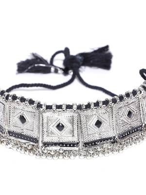 Infuzze Oxidised Silver-Toned & Black Textured Statement Necklace 2