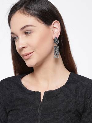 Infuzze Oxidised Silver-Toned & Black Tribal Drop Earrings 2