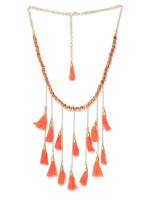 Infuzze Gold-Toned & Orange Tasseled Necklace 2
