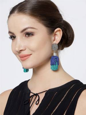 Infuzze Silver-Toned & Blue Tasseled Circular Drop Earrings 2