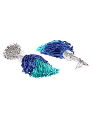 Infuzze Silver-Toned & Blue Tasseled Circular Drop Earrings 3