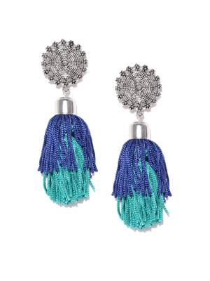 Infuzze Silver-Toned & Blue Tasseled Circular Drop Earrings 4