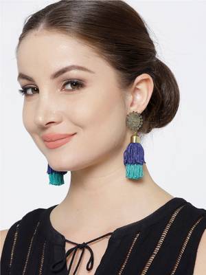Infuzze Antique Gold-Toned & Blue Tasseled Circular Drop Earrings 1