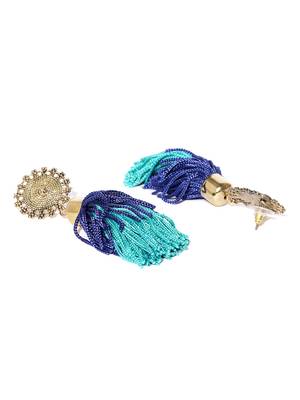 Infuzze Antique Gold-Toned & Blue Tasseled Circular Drop Earrings 2