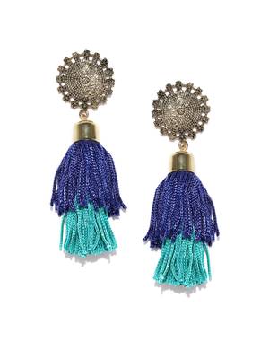 Infuzze Antique Gold-Toned & Blue Tasseled Circular Drop Earrings 3