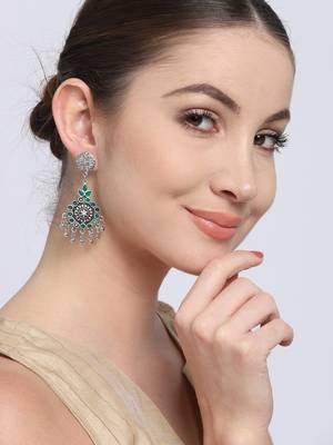 Infuzze Oxidised Silver-Toned & Green Stone-Studded Classic Drop Earrings 2