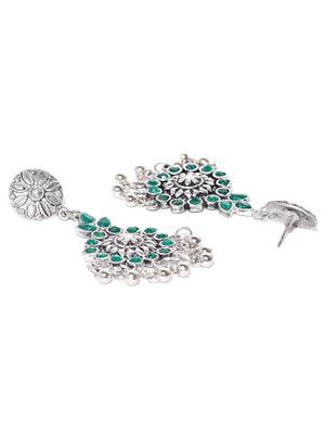 Infuzze Oxidised Silver-Toned & Green Stone-Studded Classic Drop Earrings 3