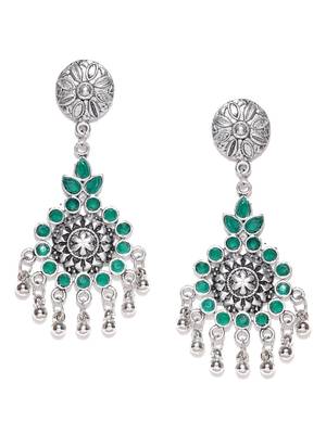 Infuzze Oxidised Silver-Toned & Green Stone-Studded Classic Drop Earrings 4