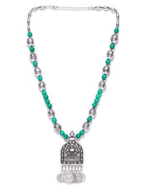 Infuzze Oxidised Silver-Toned & Green Beaded Tribal Necklace 2