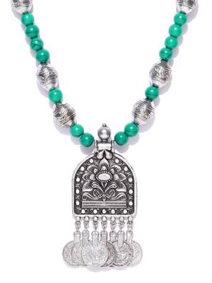 Infuzze Oxidised Silver-Toned & Green Beaded Tribal Necklace 3