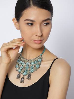 Infuzze Turquoise Blue & Oxidised Silver-Toned Handcrafted Necklace 1