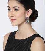 Infuzze Oxidised Silver-Toned & Navy Blue Beaded Dome Shaped Jhumkas