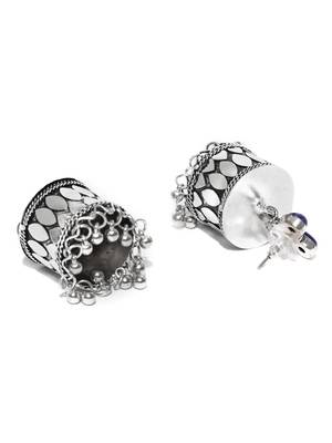 Infuzze Oxidised Silver-Toned & Navy Blue Beaded Dome Shaped Jhumkas 2