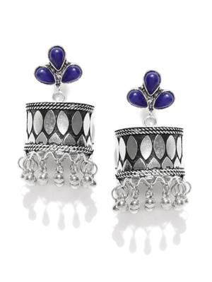 Infuzze Oxidised Silver-Toned & Navy Blue Beaded Dome Shaped Jhumkas 3