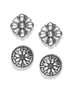 Infuzze Set of 2 Oxidised Silver-Toned Tribal Oversized Studs 1