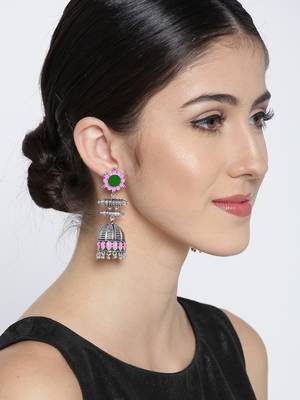 Infuzze Oxidised Silver-Toned & Pink Enamelled Dome Shaped Jhumkas 1