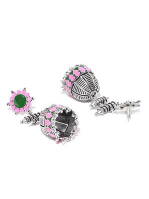Infuzze Oxidised Silver-Toned & Pink Enamelled Dome Shaped Jhumkas 2