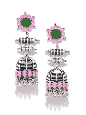 Infuzze Oxidised Silver-Toned & Pink Enamelled Dome Shaped Jhumkas 3