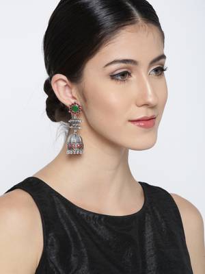 Infuzze Oxidised Silver-Toned & Red Enamelled Dome Shaped Jhumkas 2