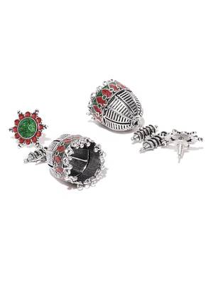 Infuzze Oxidised Silver-Toned & Red Enamelled Dome Shaped Jhumkas 3