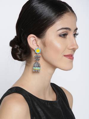 Infuzze Oxidised Silver-Toned & Blue Enamelled Dome Shaped Jhumkas 2