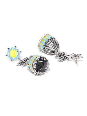 Infuzze Oxidised Silver-Toned & Blue Enamelled Dome Shaped Jhumkas 3