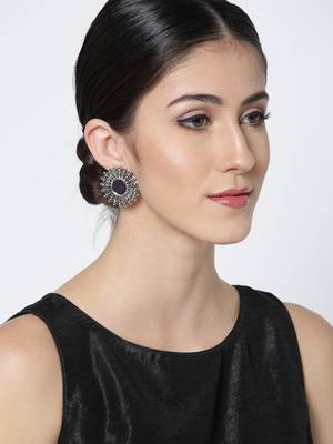 Infuzze Oxidised Silver-Toned Mirror-Work Circular Oversized Studs 1
