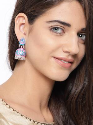 Infuzze Silver-Toned & Pink Textured Meenakari Dome Shaped Jhumkas 2