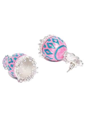 Infuzze Silver-Toned & Pink Textured Meenakari Dome Shaped Jhumkas 3
