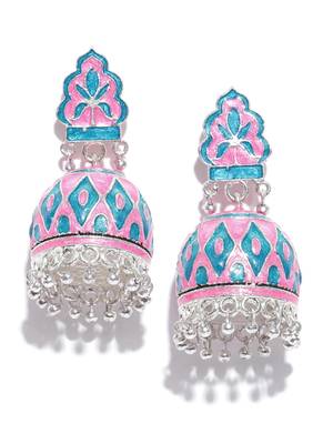 Infuzze Silver-Toned & Pink Textured Meenakari Dome Shaped Jhumkas 4
