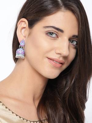 Infuzze Silver-Toned & Blue Dome Shaped Meenakari Jhumkas 2