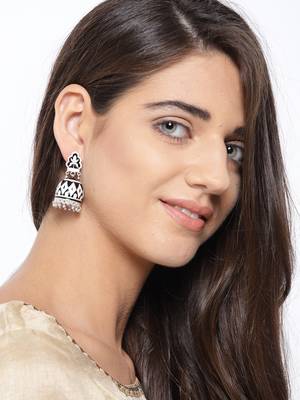 Infuzze Silver-Toned & Black Dome Shaped Meenakari Jhumkas 2
