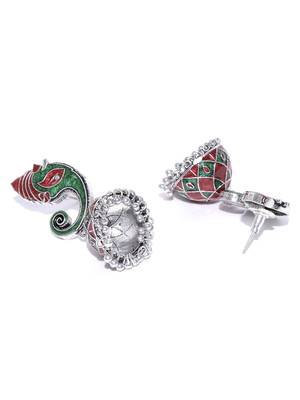 Infuzze Oxidised Silver-Toned & Green Meenakari Dome Shaped Jhumkas 2