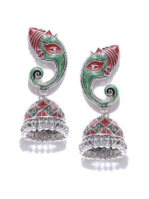 Infuzze Oxidised Silver-Toned & Green Meenakari Dome Shaped Jhumkas 3