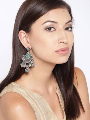 Infuzze Oxidised Silver-Toned & Sea Green Beaded Crescent Shaped Chandbalis 2