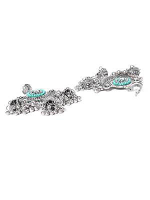 Infuzze Oxidised Silver-Toned & Sea Green Beaded Crescent Shaped Chandbalis 3