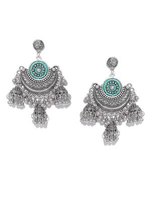 Infuzze Oxidised Silver-Toned & Sea Green Beaded Crescent Shaped Chandbalis 4