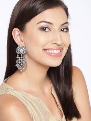 Infuzze Oxidised Silver-Toned Classic Drop Earrings 2