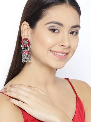 Infuzze Oxidised Silver-Toned & Red Stone-Studded Dome Shaped Jhumkas 2