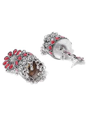 Infuzze Oxidised Silver-Toned & Red Stone-Studded Dome Shaped Jhumkas 3