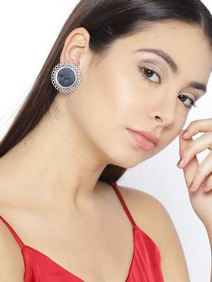 Infuzze Oxidised Silver-Toned Circular Oversized Studs With Mirror Work 2