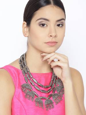 Infuzze Oxidised Silver-Toned Textured Layered Afghan Necklace 1